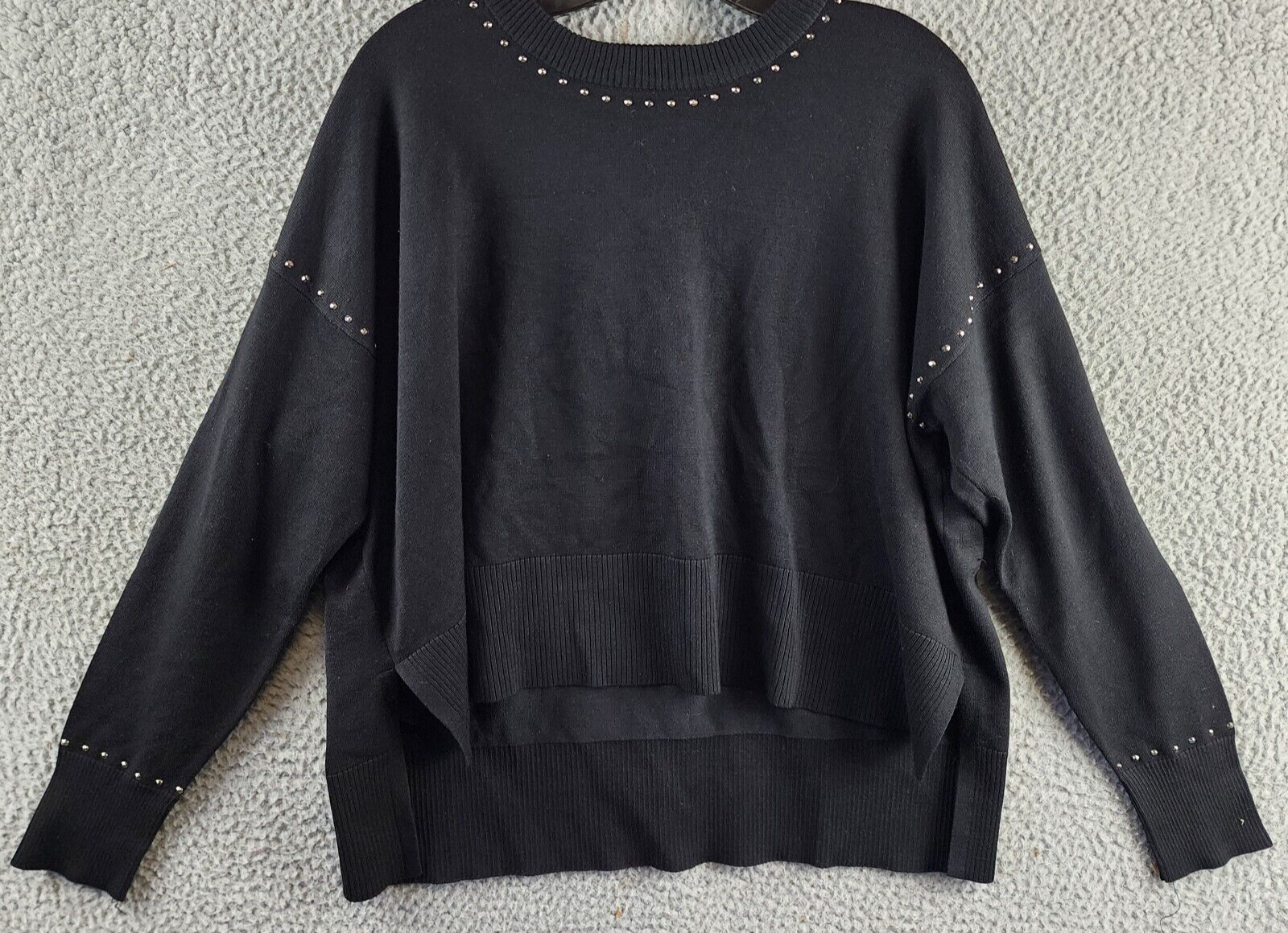 DKNY Studded Crew Neck Sweater Women's S Black Ribbed Hem Long Sleeve Pullover - Picture 2 of 12
