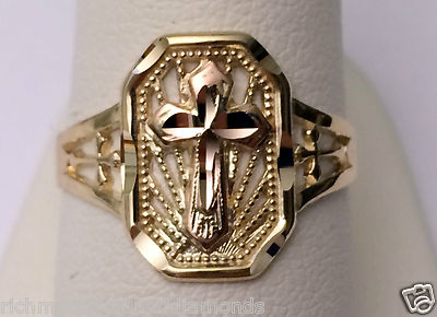 Pre-owned Fashion Ring 14k Rose & Yellow Gold Cross Ring Band Right Hand Promise  In Pink
