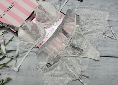 Victoria's Secret Shine Strap Bra+Skirt Garter+ ''Bride'' Thong Sexy Set White
