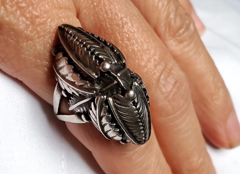 Vintage Bague Feuilles Argent Massif 925 Sterling Navajo Zuni Native Americ T 54