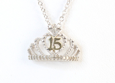 + Solid 18k 10k White Gold 20 Real Diamond Crown Sweet 15 Pendant + Necklace 17''