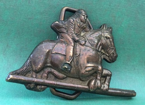 VTG RARE 1978 Solid Brass JUMPING HORSE & RIDER Equine Steeplechase BELT BUCKLE