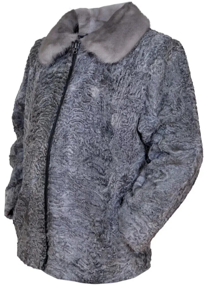 Pre-owned Handmade Men Gray Real Persian Lamb Fur Bomber Jacket Mink Fur Collar All Size Pre Sale