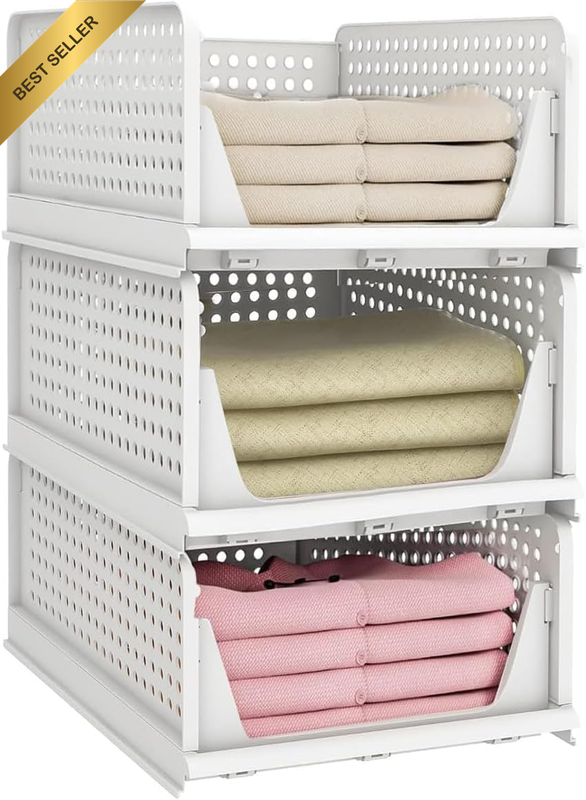 Stackable Plastic Storage Basket: Foldable Closet Organizer 3 Pack, ® Upgraded D
