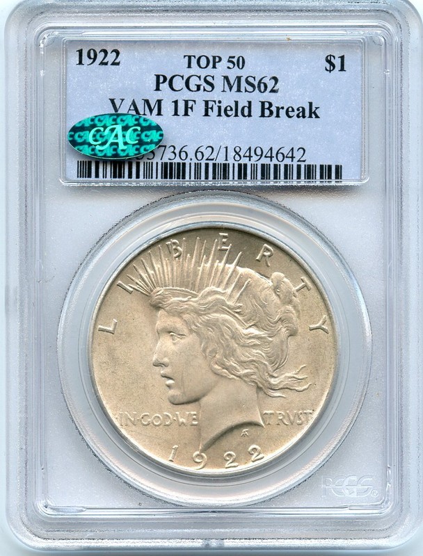 C3599- 1922 VAM-1F "FIELD BREAK" LDS TOP 50 PEACE DOLLAR