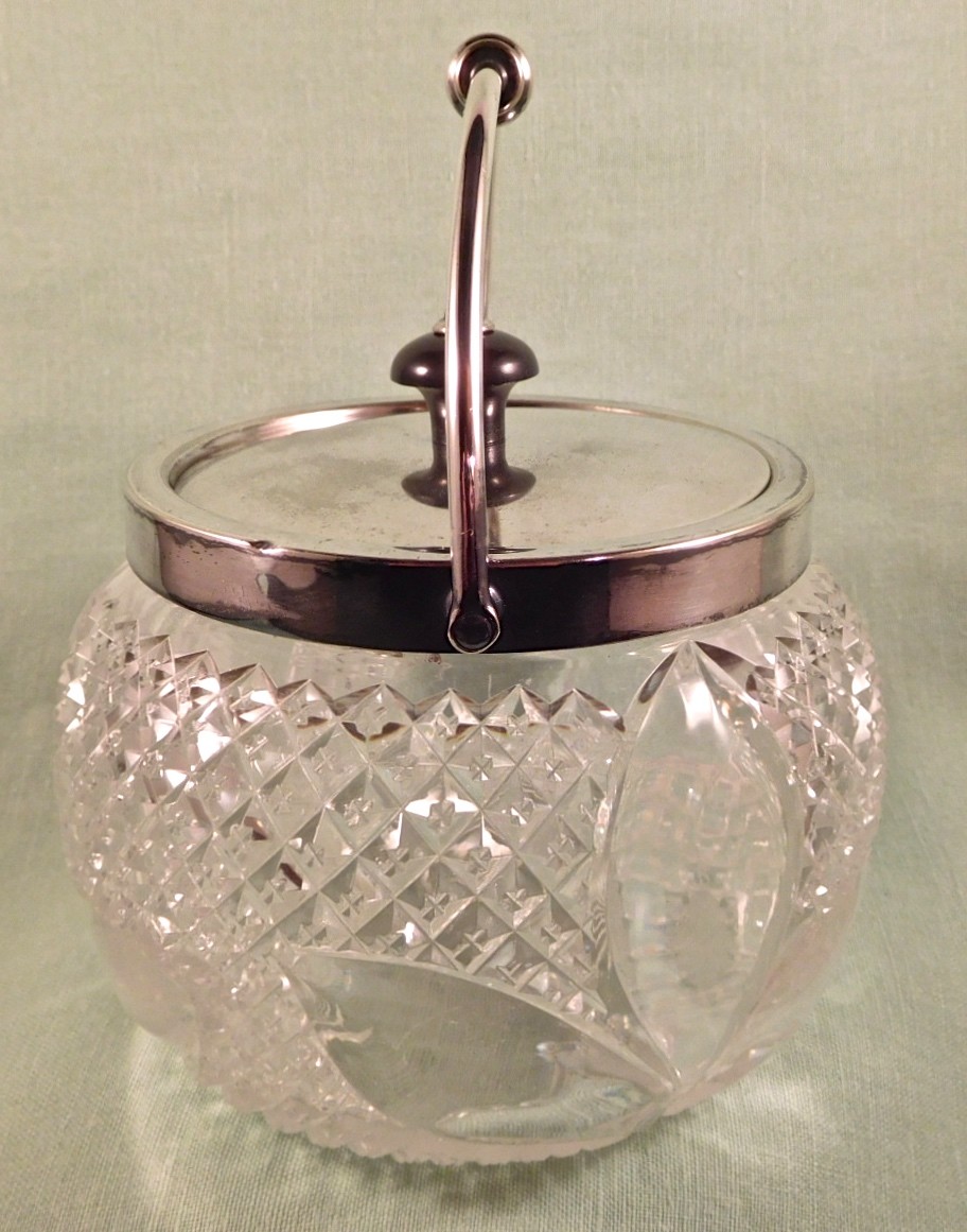 Fine Edwardian English Brilliant Cut Glass Biscuit Jar, Small Size, Silver Mount