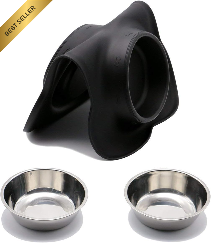 Foldable Silicone Dog Bowls with Non-Slip Mat – 2 Stainless Steel Removable Dish