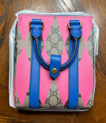 GUCCI GG Supreme Monogram Textured Rhombus Mini Tote Handbag Biege Pink Blue New