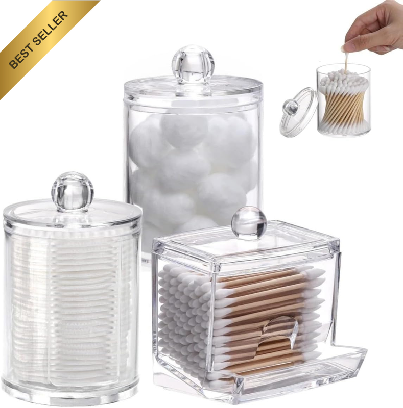 3Pcs Clear Jar Organizer,Cotton Swab, Cotton round Pads,  10/7 Ozclear Plastic A