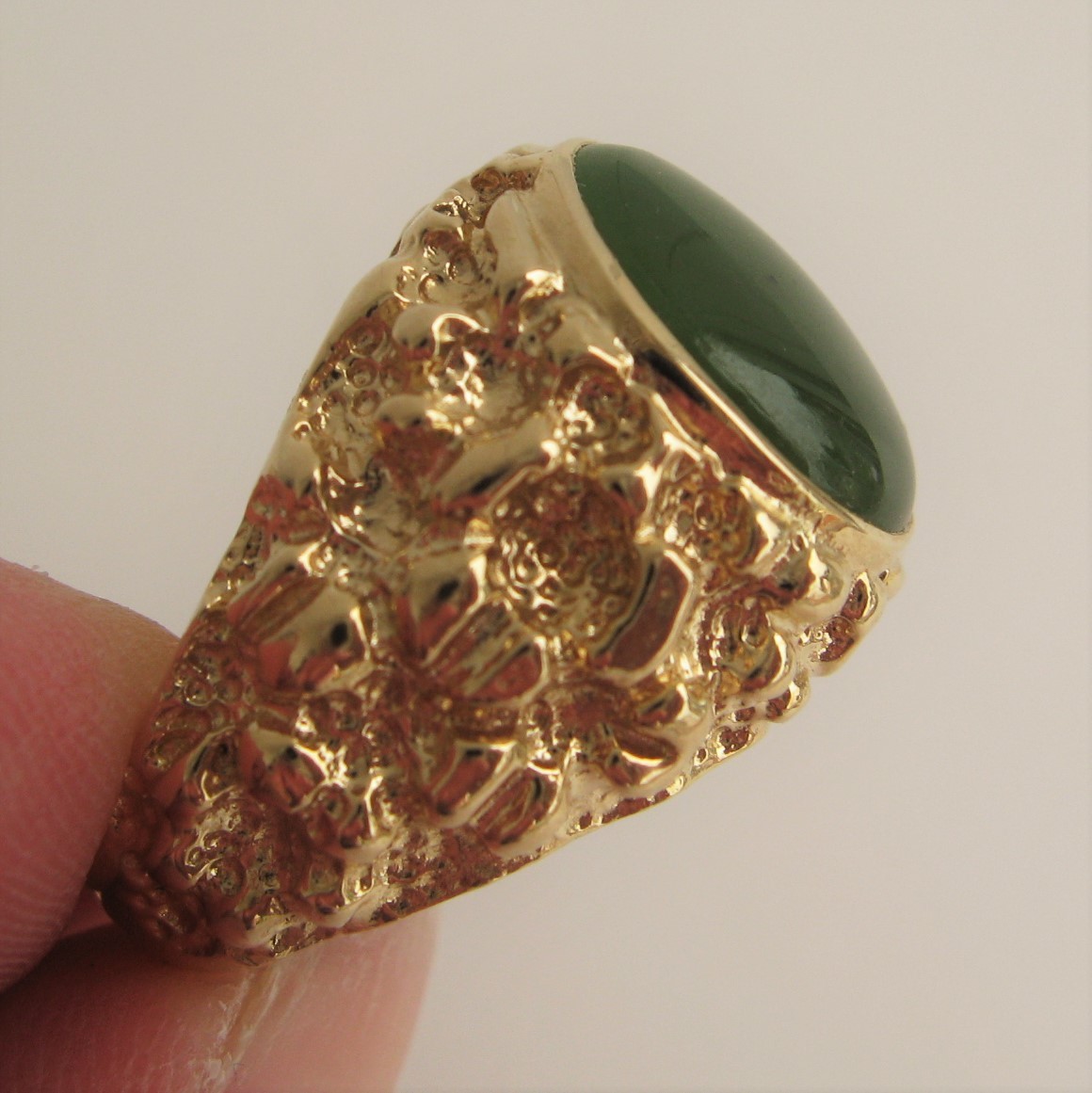 Nephrite Green Jade Signet Ring Mens 14k Yellow Gold Nugget Like Band Signed TRC