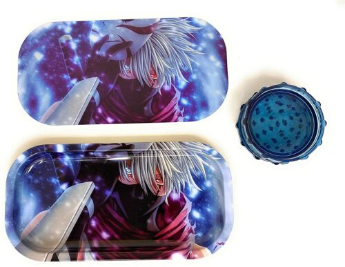 Metal Rolling Tray Naruto Kekashi W/ Magnetic Lid Cove + Free Grinder 8x4 Inches