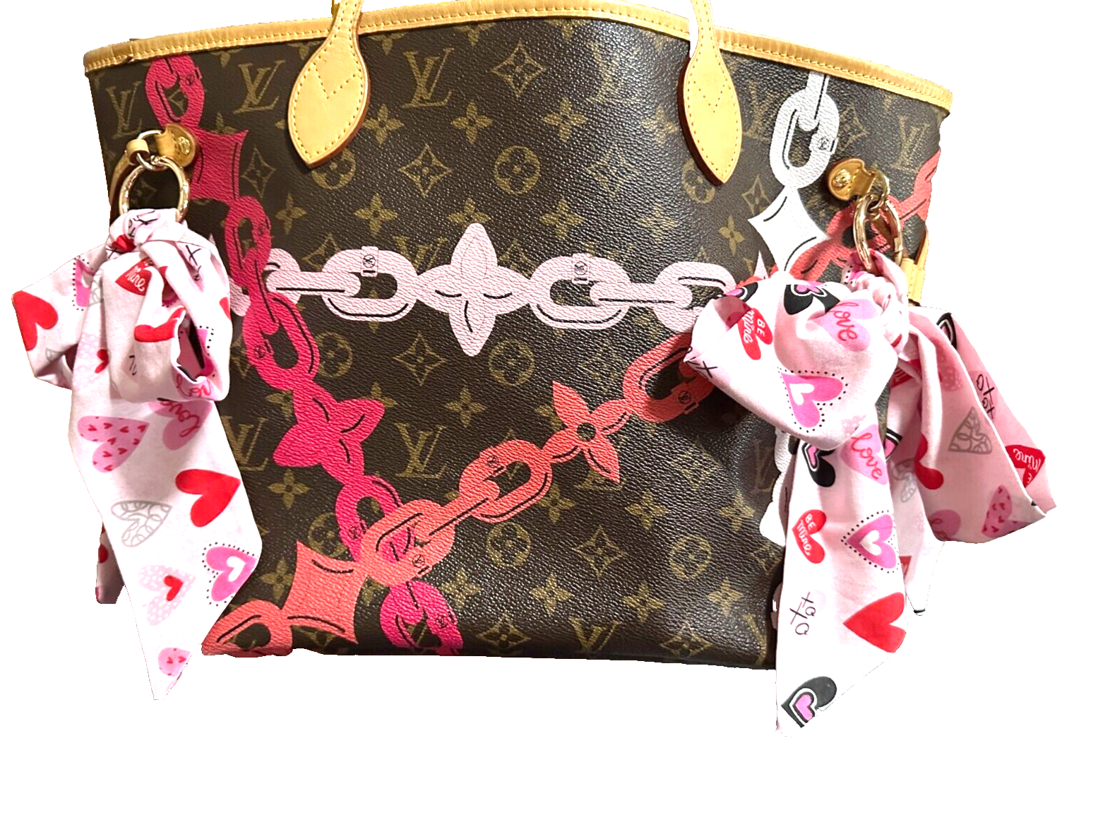 LOUIS VUITTON NEVERFUL MM CHAIN BAY BROWN PINK ROSE LOUIS VUITTON NEVERFUL MM CHAIN BAY BROWN PINK ROSE