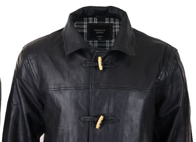 Pre-owned Truclothing Mens Black Real Leather Duffle Jacket Coat Toggle Classic Fisherman Hooded 3/4
