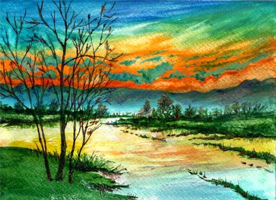 Sunset Over Mountains And Marshland, Beautiful Sunset, Sunset Art Print