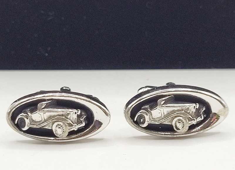 Vintage Car Possibly MG Convertible Cufflinks Silver Tone with Black Enamel Oval