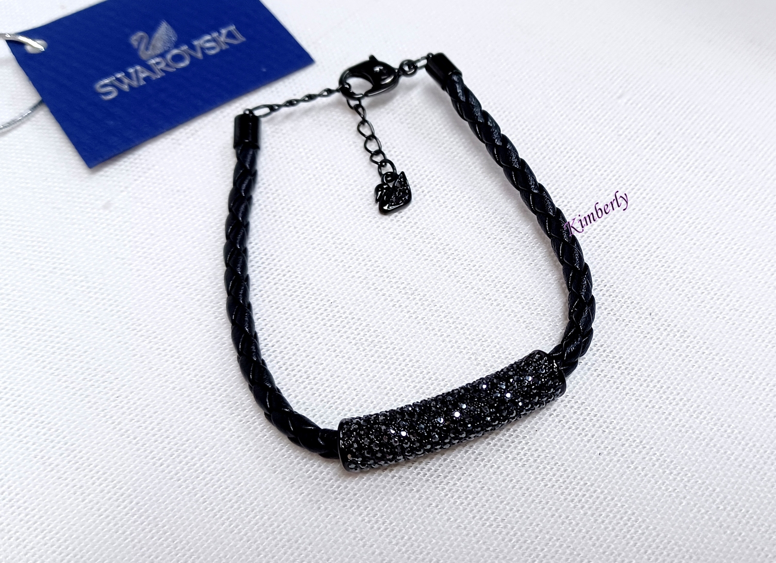 Swarovski Stone Bracelet Black Braided Leather Dark Crystal
