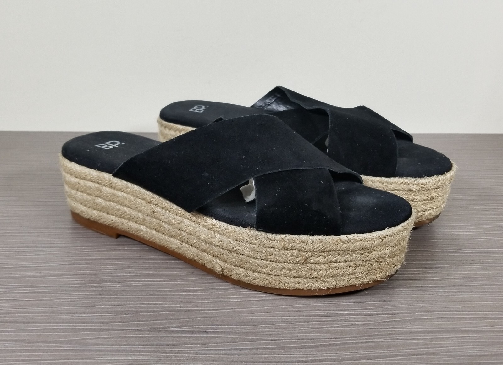 BP Criss Cross Strap Platform Espadrille Sandal, Black Suede, Womens Size 8.5 M
