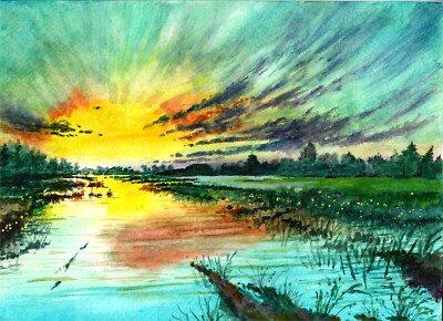 ORIGINAL - Bright Sunset Over Marshes, Sunset Art, Marshland Art, Landscape Art