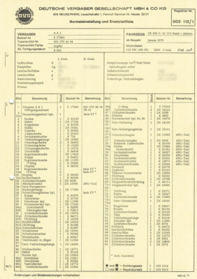 Einstelldaten Ersatzteilliste Solex 4A1 Vergaser Mercedes 280 - 0010702404
