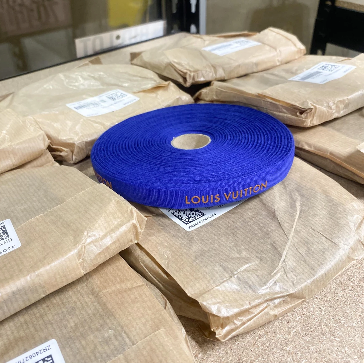 1 Yard of 1/2" Designer Louis Vuitton Blue Gift Ribbon w/Gold Logo Authentic New