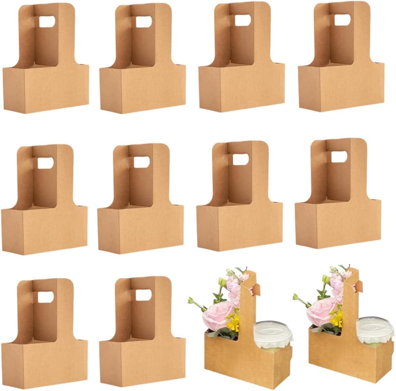25 Pcs Kraft Paper Flower Gift Bags Handle Bouquet Bags Coffee Drink Carrier Bag
