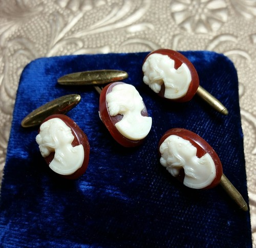 Vintage Antique Celluloid Cameo Gold Tone Cufflinks Buttons Lot