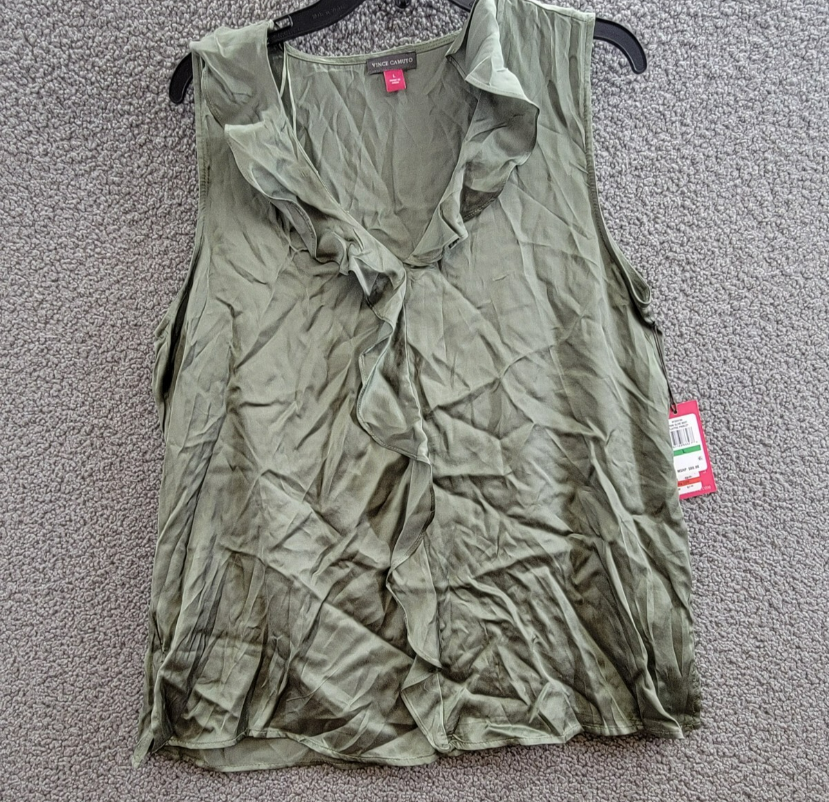 Vince Camuto Sleeveless Ruffle Top Women's L Olive Mist Solid V-Neck Pullover - Picture 2 of 14
