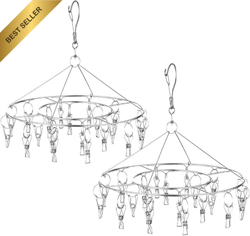 2 Pack Stainless Steel round Hanging Drying Rack with 20 Clips for Drying Socks,