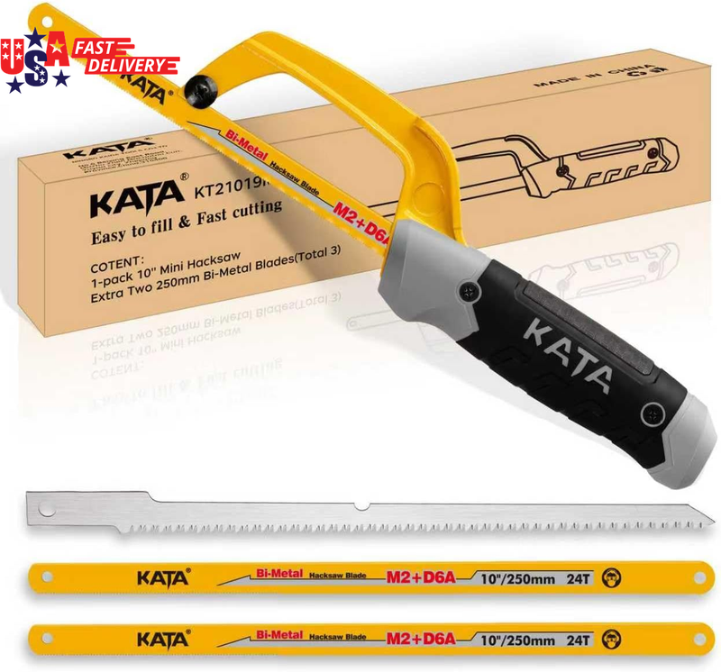 Mini Hacksaw for Metal Cutting, Compact Hand Hack Saw Tool with 10 Inch Aluminum Frame, 2PC Extra Flexible M2+D6A HSS Blades and 1PC Woodworking Saw Blade, Cuts Thin-Wall Metal in Tight Spaces