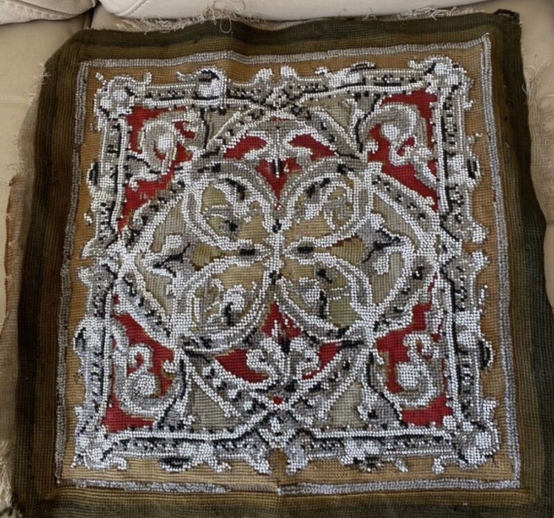 Antique Beaded Tapestry Victorian Beading Georgian Glass Floral Red Wool 1930s