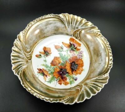 Gold Trim Made in Japan Vintage Two Handled Oval Dish with Moriage Edge Porcelain Dish Hand Painted Flowers