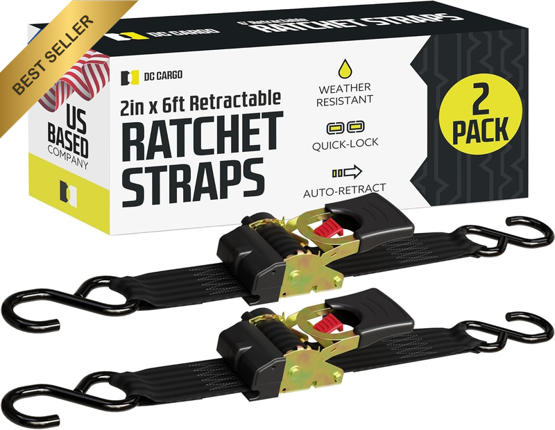 2Pk Retractable Ratchet Straps 2"x6Ft Heavy Duty Tie Downs for Trailers Boats Ca