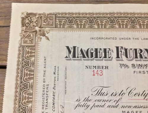 Antique 1919 Magee Furnace Company Inc Pref Stock Cert 20 Shares Massachusetts