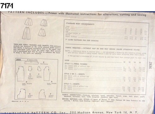 Vintage 1950s Sewing Pattern Simplicity #2836 Size 10 Teen Pedal Pushers  Shorts