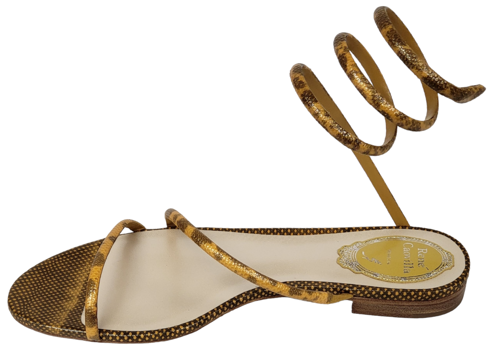 Pre-owned René Caovilla Rene Caovilla Cleo Snakeskin Wrap Flat Sandals In Beige Karung (pick Your Size) In Gold
