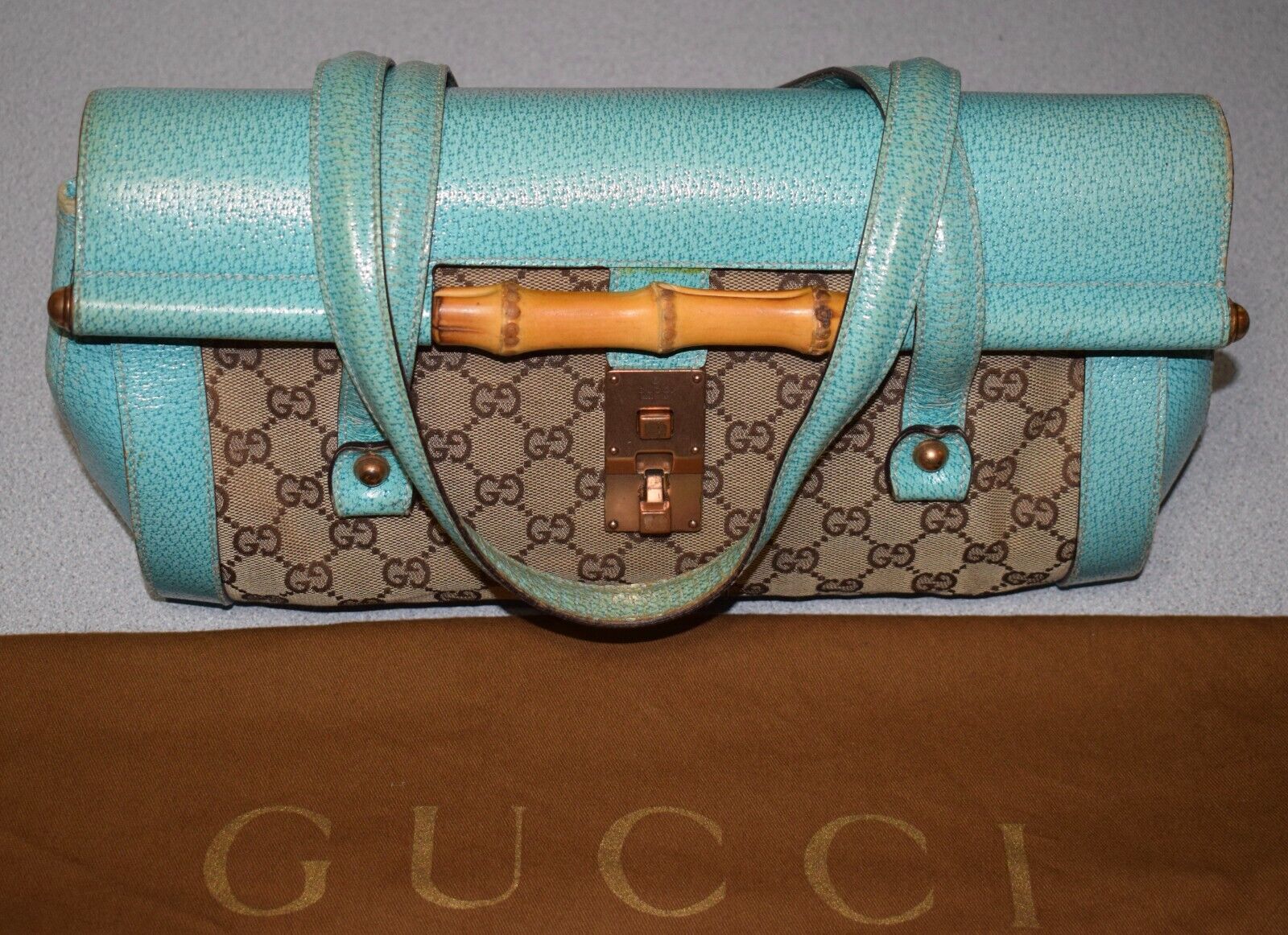Vintage Gucci Monogram Teal Blue Bamboo Bullet Tom Ford Vintage Gucci Monogram Teal Blue Bamboo Bullet Tom Ford