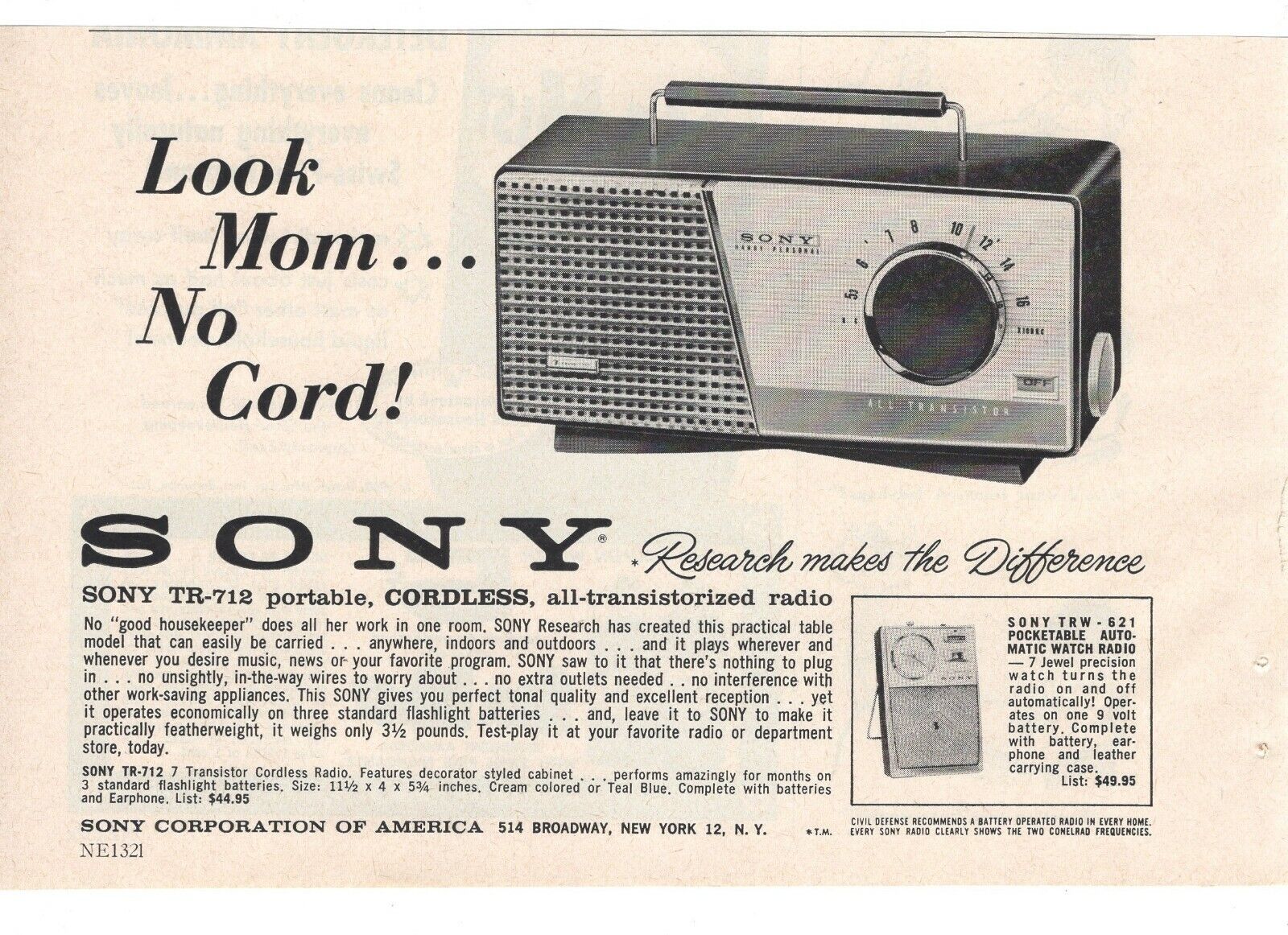 SONY CORDLESS TRANSISTORIZED RADIO Vintage 5.5 SONY CORDLESS TRANSISTORIZED RADIO Vintage 5.5