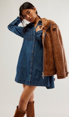 Free People Denim Find Me Now Mini Dress Button Up Texture Celestial Blue XL NWT