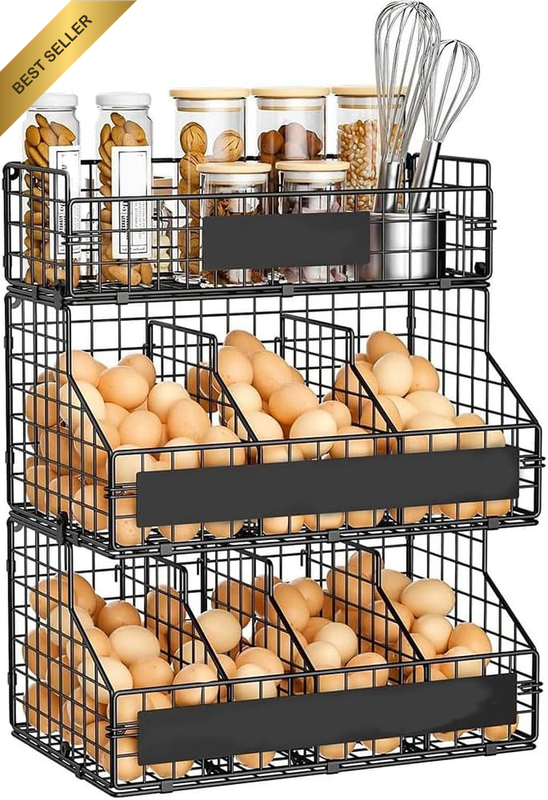 Egg Holder Countertop, 3-Tier Stackable Wire Egg Storage Basket, Large Egg Rack