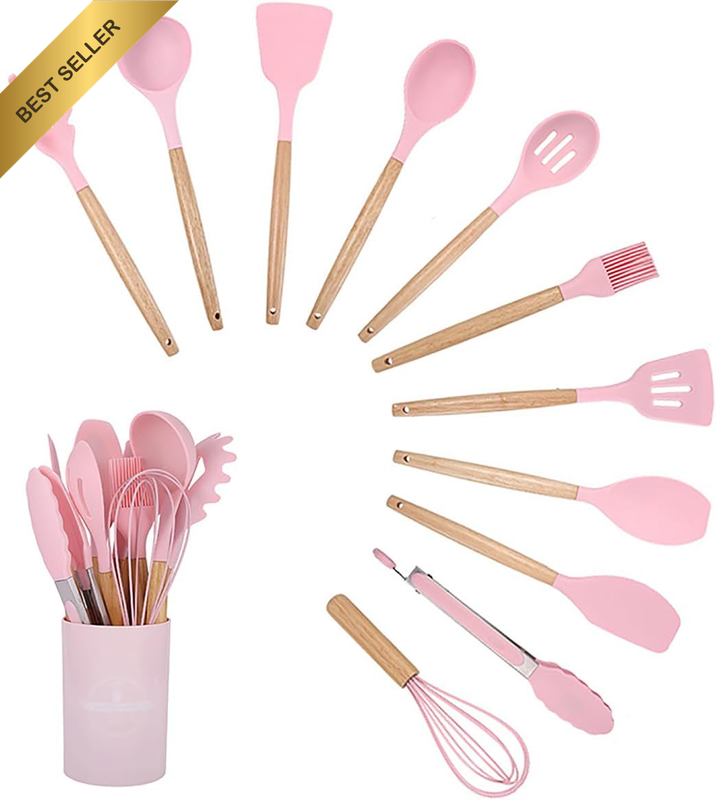 12-Piece Silicone Kitchen Utensil Set with Wooden Handle - Heat Resistant, Non-S
