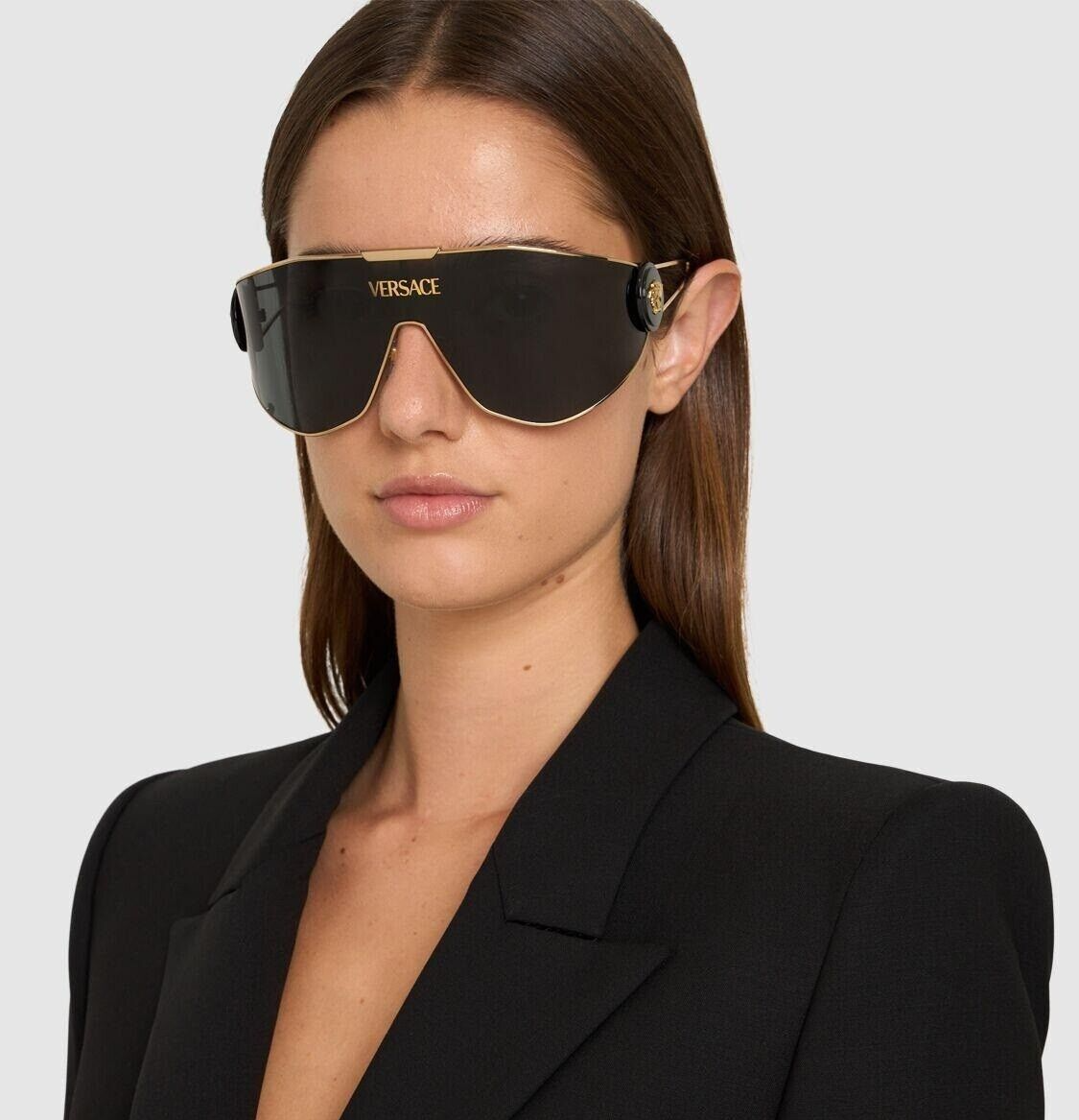 Pre-owned Versace Ve2268 143387 Matte Black Grey Shield Unisex Sunglasses In Gray
