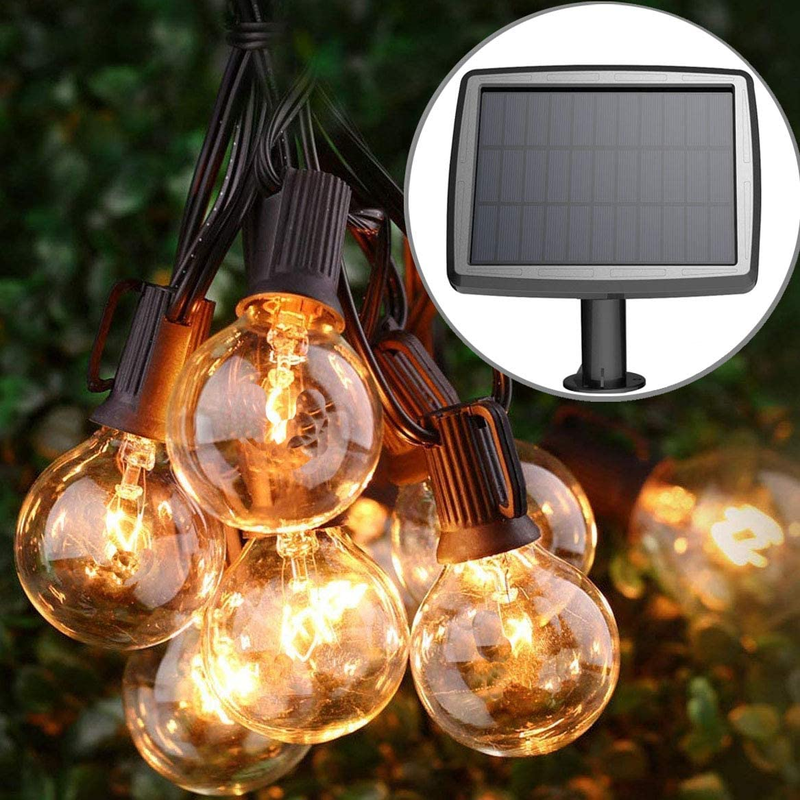 25Ft LED Solar String Lights 25 Blubs, Shatterproof Outdoor G40 Patio Lights