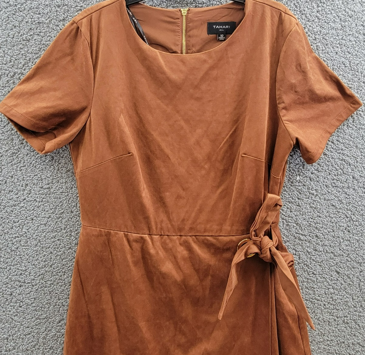 Tahari ASL Faux-Suede Sheath Dress Women's 10 Walnut Round Neck Back Zip Closure - Picture 3 of 19