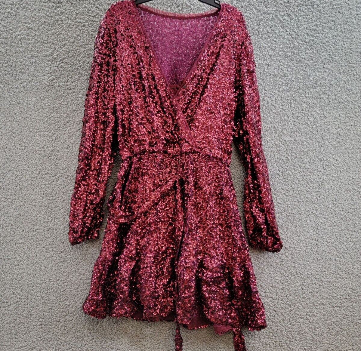 Betsy & Adam Sequin Belted Long-Sleeve Dress Women's 6 Plum V-Neck Snap Pullover - Picture 2 of 16