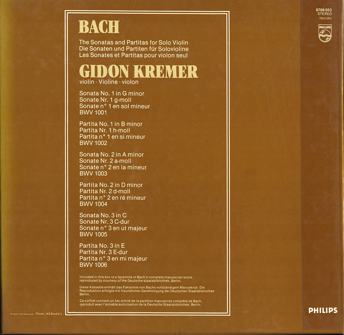 その他 Sonata & Partitas Soloist Violin-Comple BACH Sonatas & Partitas for Violin Solo GIDON KREMER Philips