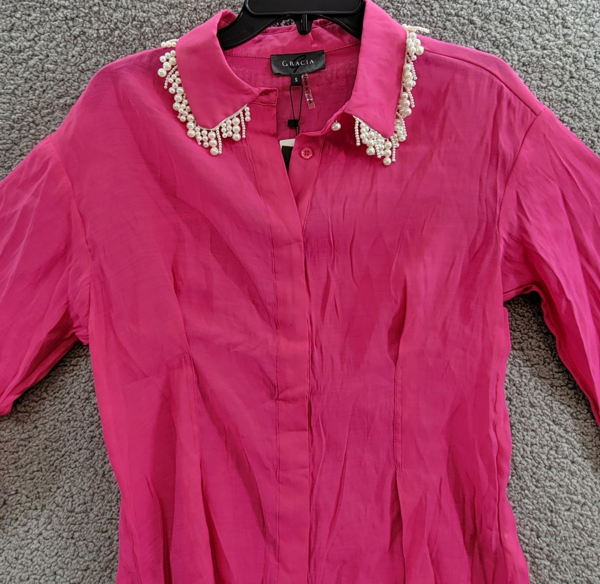 Gracia Faux Peal Trim Collar Top Women's S Fuchsia Button Front Placket L/S - Picture 3 of 14