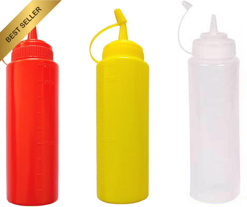3 Pcs Condiment Squeeze Bottles,300Ml Sauce Bottles with Twist on Caps and Measu