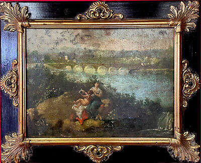 Quadro antico dipinto 900 a ad olio su tela Paesaggio montano con cornice Legno