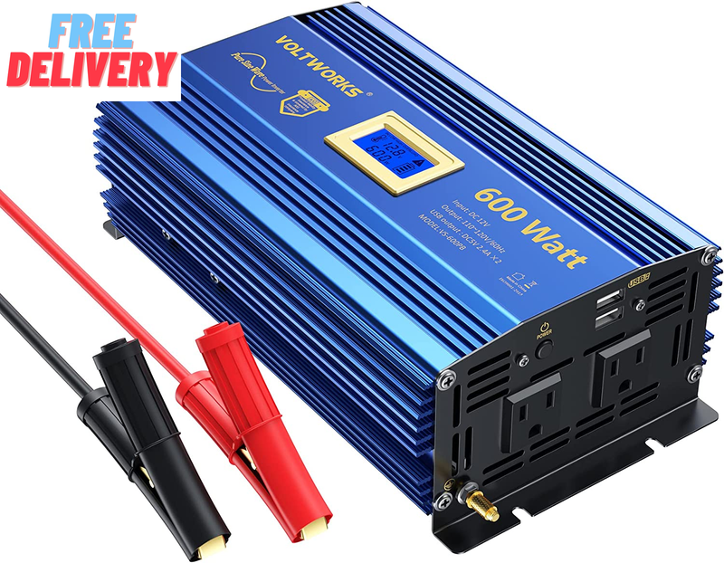 600 Watts Pure Sine Wave Power Inverter 600W DC 12V to AC 110V 120V with Dual 2.