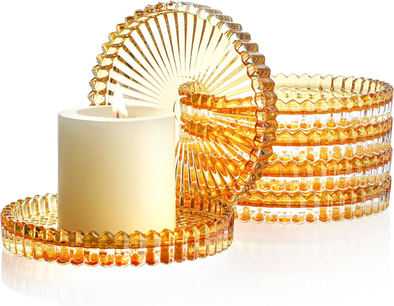 6Pcs Yellow Glass Pillar Candle Holder,4Inch Glass Candle Stand for Pillar Candl